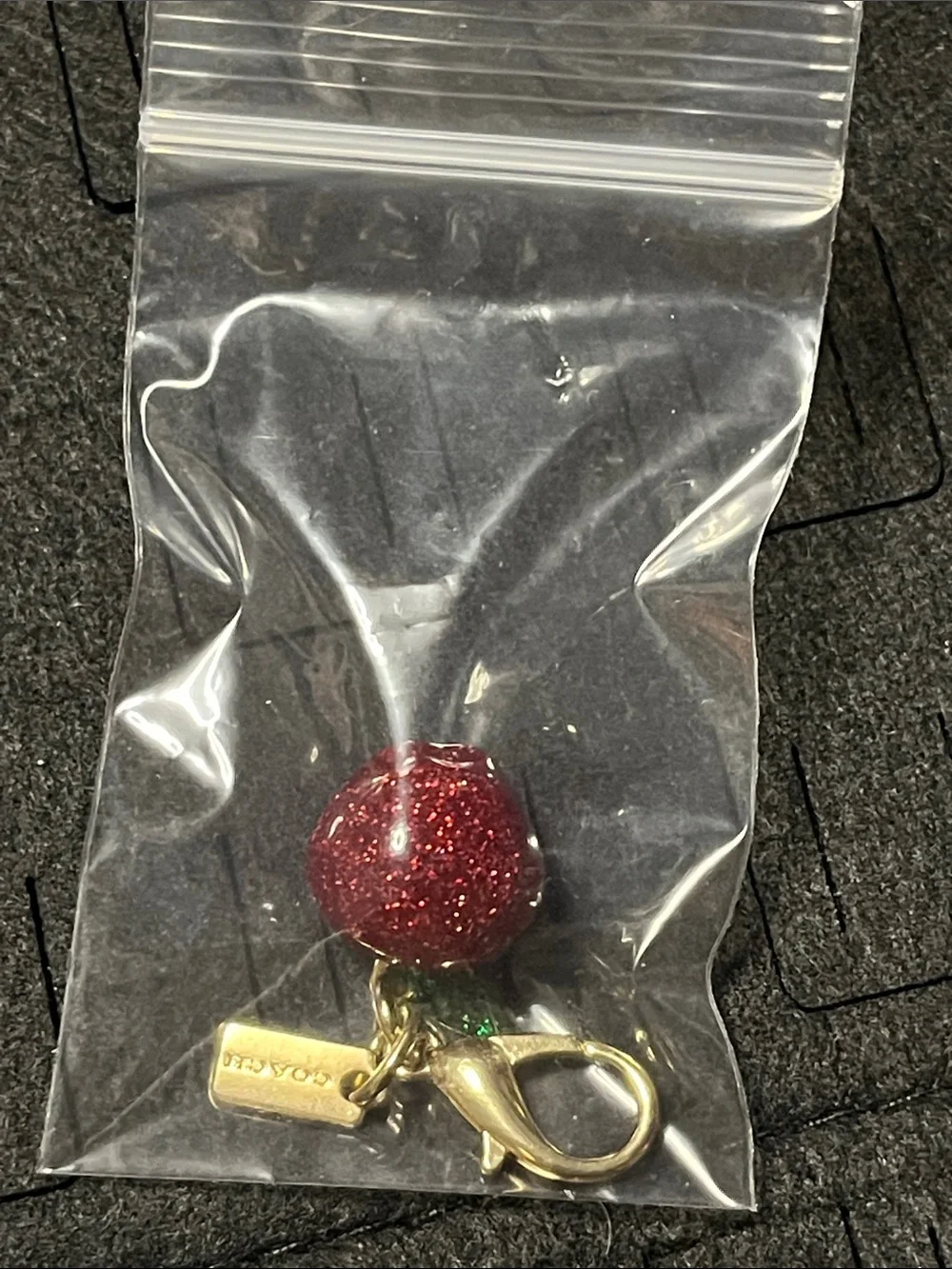 Coach Red Glitter Apple Charm with Green Leaf & Gold Hardware Key Clip